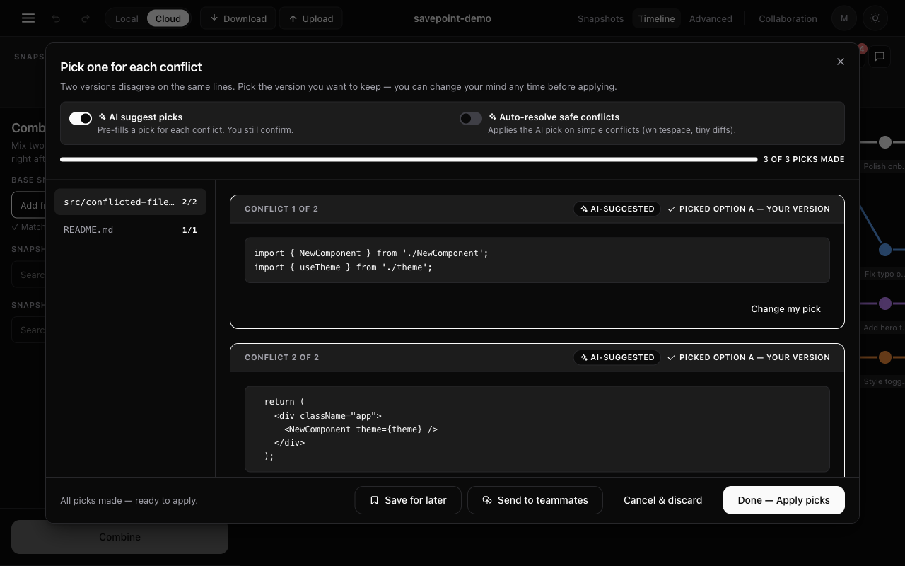 Pick One conflict resolver with AI suggest picks toggle on, showing AI-suggested badges and 3 of 3 picks made
