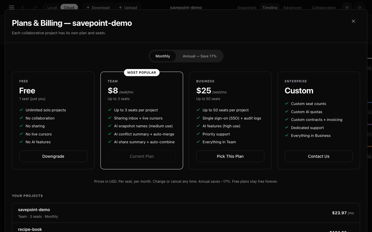 Plans & Billing modal showing Free, Team, Business and Enterprise tiers side by side