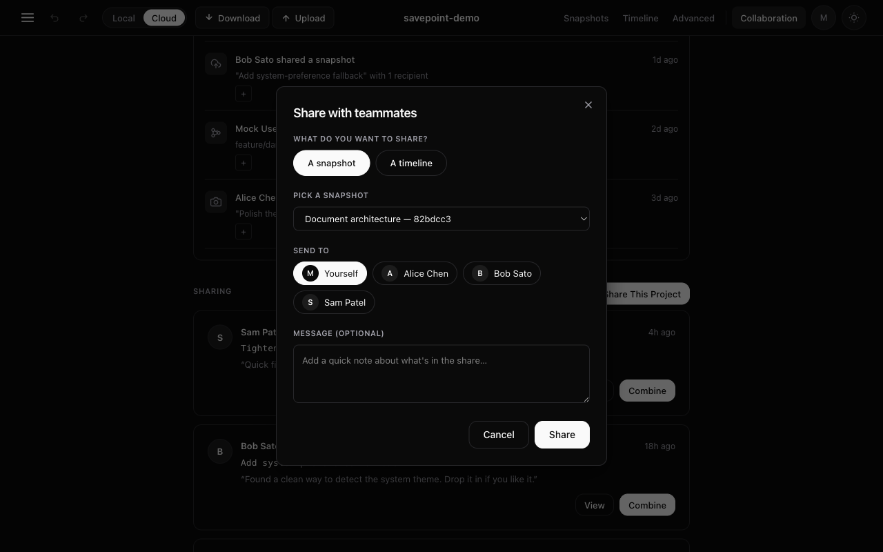 Share dialog showing a snapshot being sent to a teammate