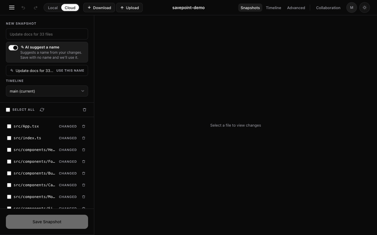 Savepoint app showing the Snapshots tab, a clean list of code changes ready to save with a name